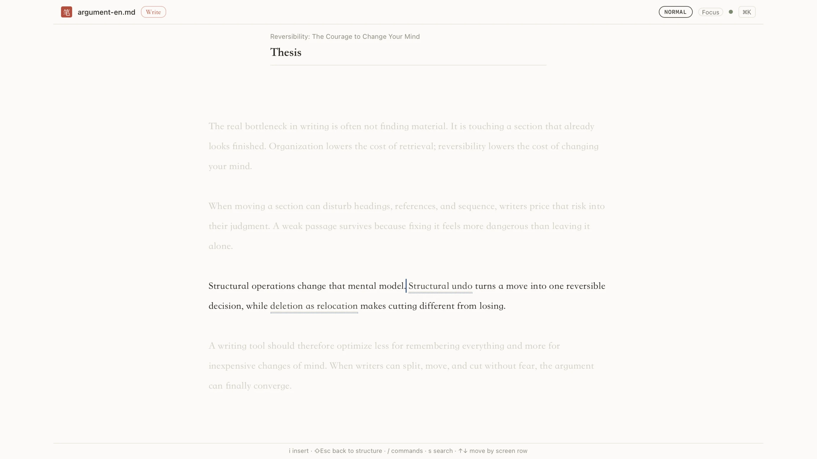 Autograph writing view in focus mode, with the current paragraph sharp and the rest faded