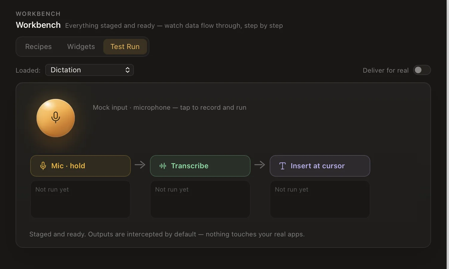 Fonos Test Run showing the staged execution of a dictation recipe