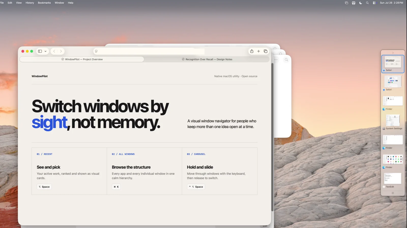 The WindowPilot Sidebar showing recent and pinned windows along the desktop edge